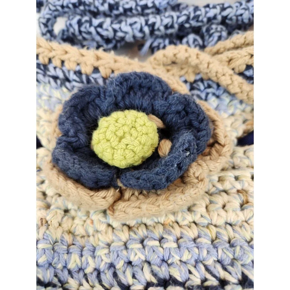 Funky Fun Handmade Crochet Knit Bag Large Purse‎ Boho Hippie Flowers Blue Beige